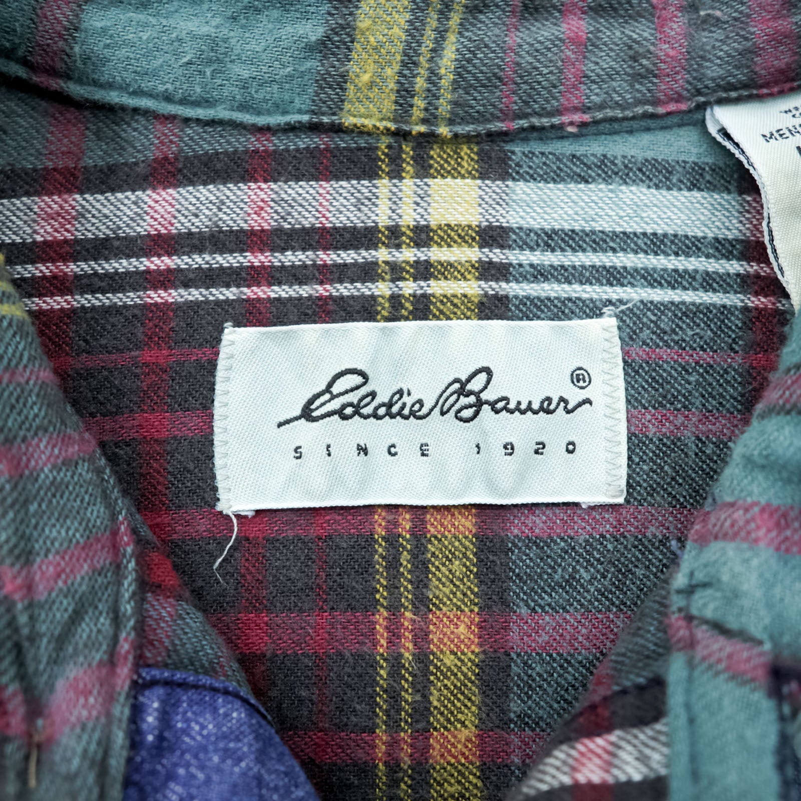 Eddie Bauer 90年代 USA製 デニム ワークシャツ L インディゴ 胸ポケット フランネルチェック 裏地