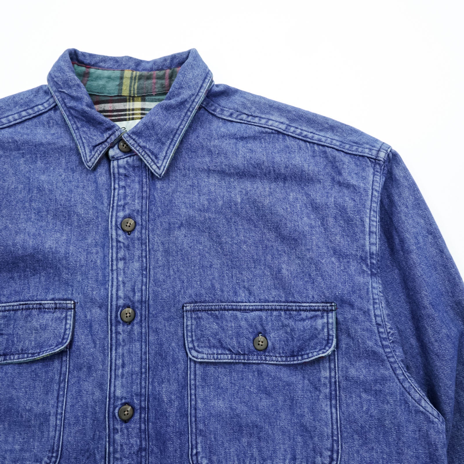 Eddie Bauer 90年代 USA製 デニム ワークシャツ L インディゴ 胸ポケット フランネルチェック 裏地