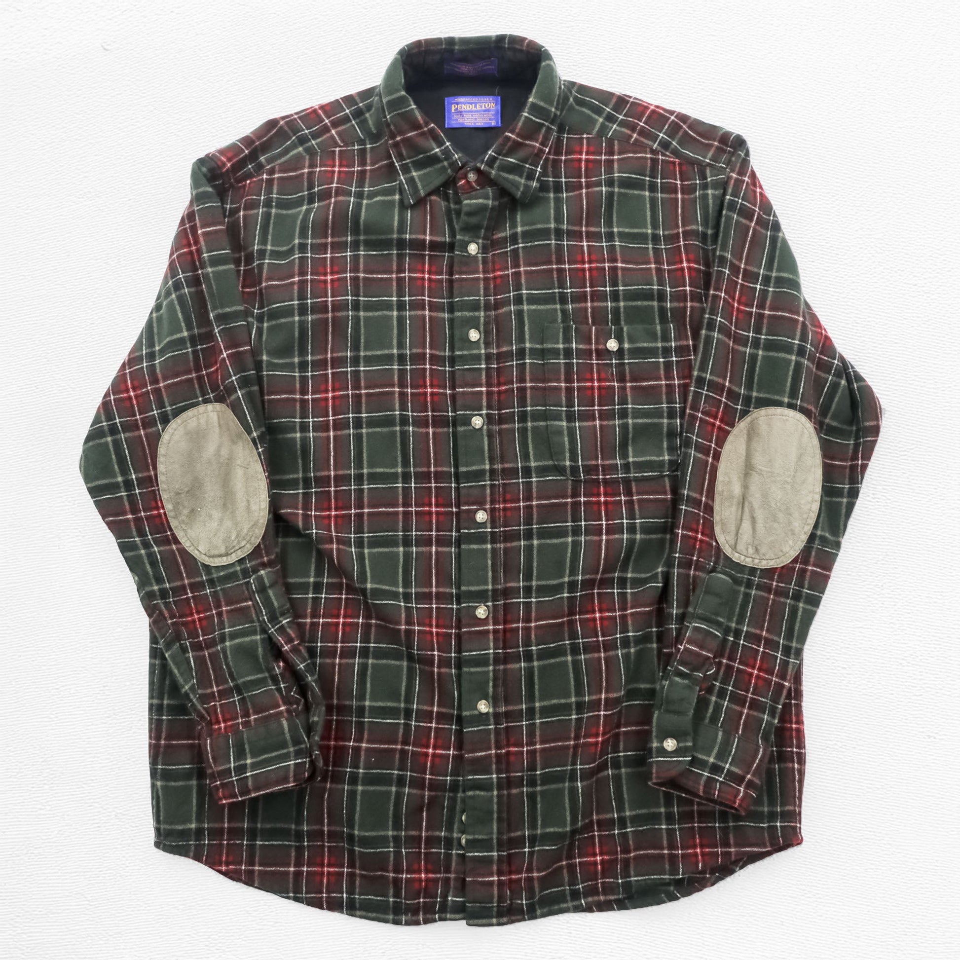 PENDLETON フランネルシャツ 長袖 ウールシャツ L チェック グリーン エルボーパッチ 胸ポケット VIRGIN WOOL