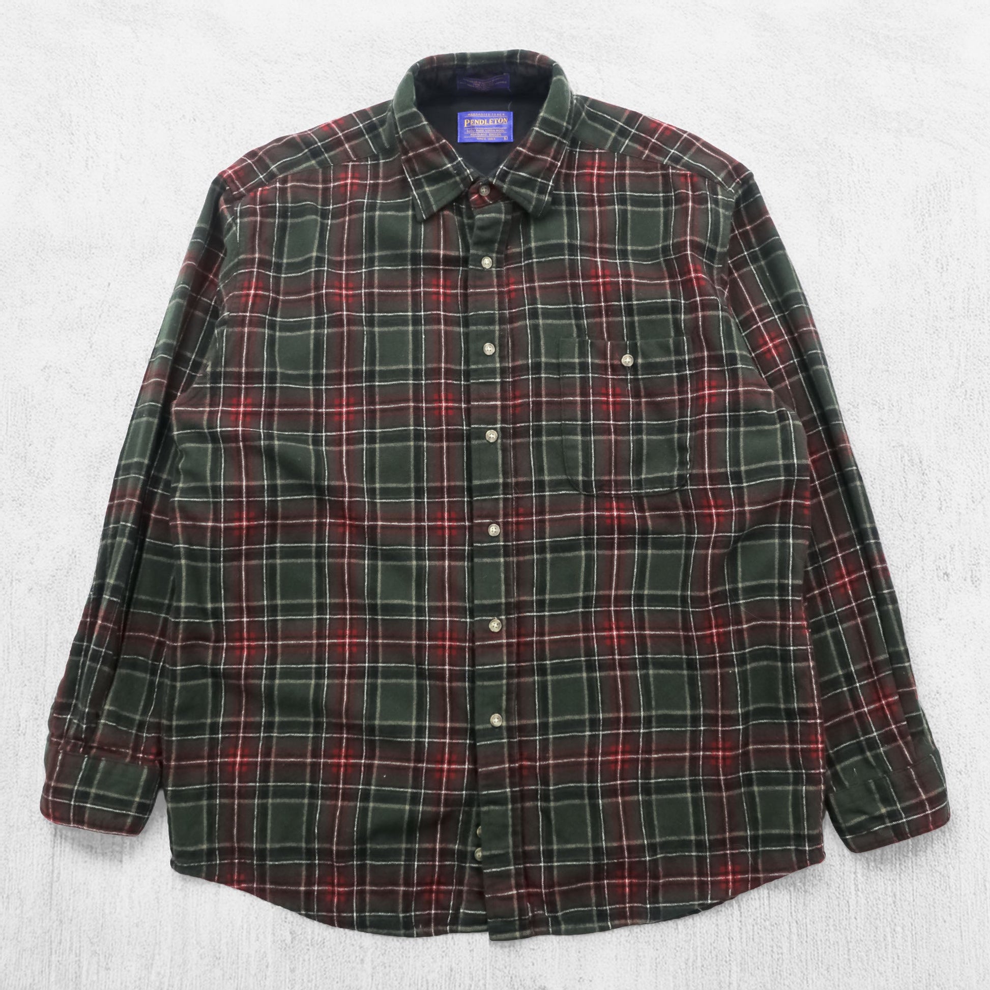 PENDLETON フランネルシャツ 長袖 ウールシャツ L チェック グリーン エルボーパッチ 胸ポケット VIRGIN WOOL