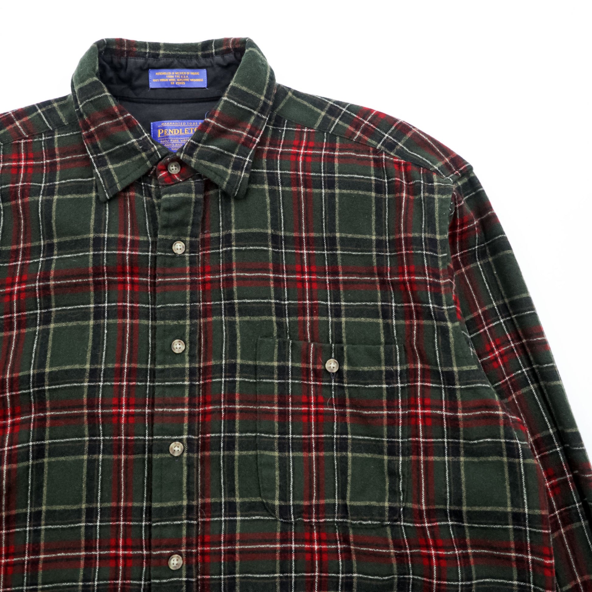 PENDLETON フランネルシャツ 長袖 ウールシャツ L チェック グリーン エルボーパッチ 胸ポケット VIRGIN WOOL