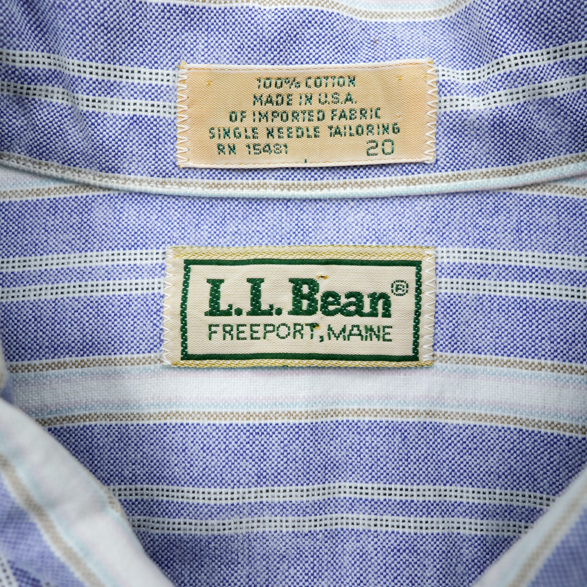 L.L.Bean 80年代 USA製 ラウンドカラーシャツ L ストライプ ブルー ホワイト 胸ポケット 丸襟