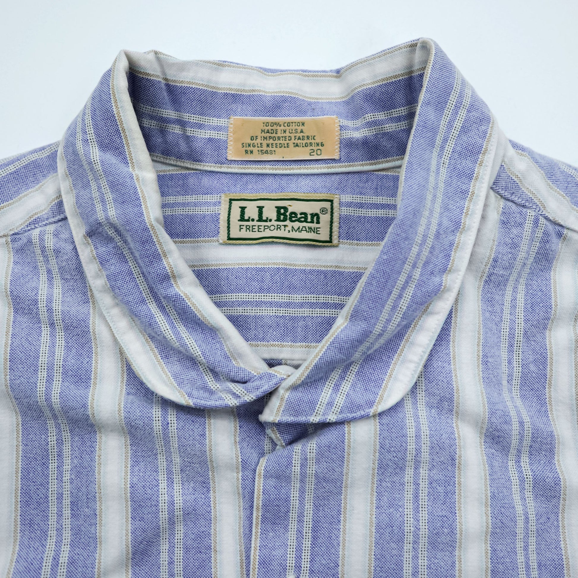 L.L.Bean 80年代 USA製 ラウンドカラーシャツ L ストライプ ブルー ホワイト 胸ポケット 丸襟