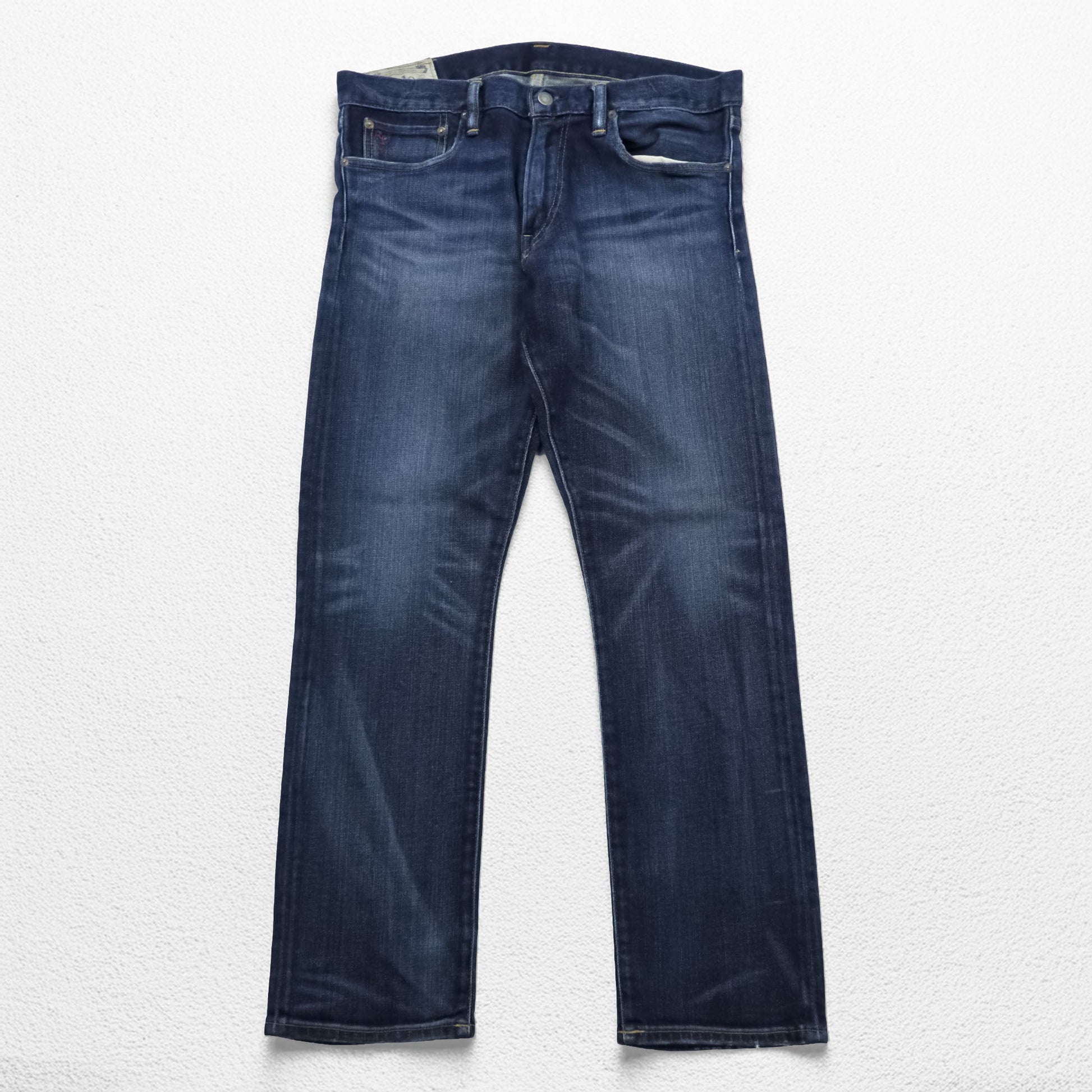 Polo Ralph Lauren ヴィンテージ加工 ストレート デニムパンツ ジーンズ L ストレッチ インディゴブルー レザーパッチ VARICK SLIM STRAIGHT