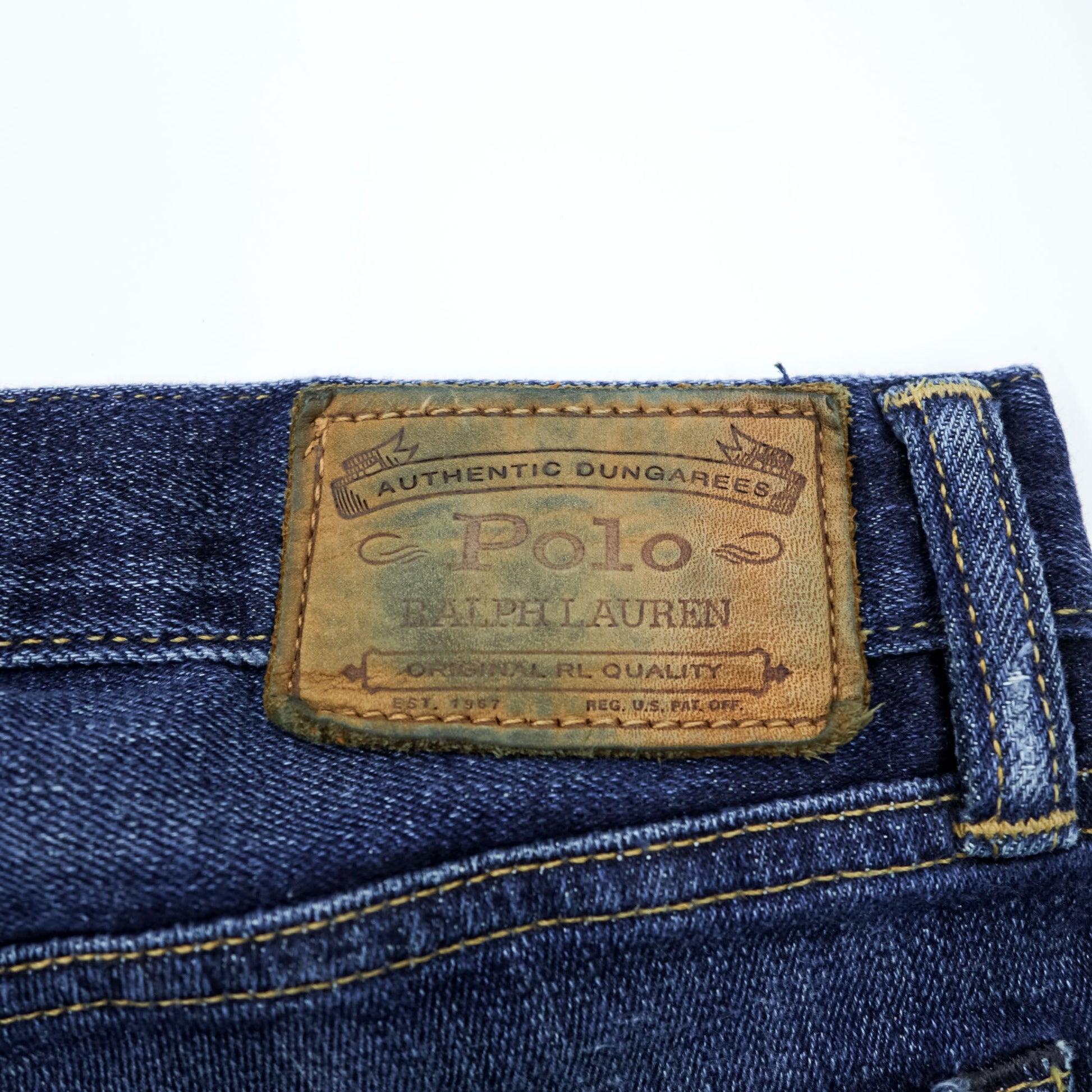 Polo Ralph Lauren ヴィンテージ加工 ストレート デニムパンツ ジーンズ L ストレッチ インディゴブルー レザーパッチ VARICK SLIM STRAIGHT