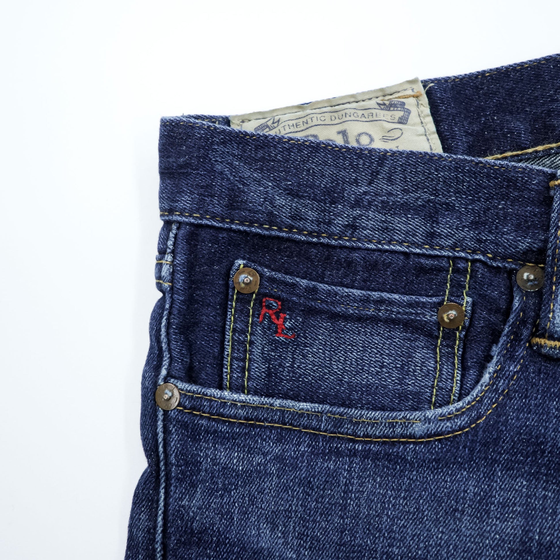 Polo Ralph Lauren ヴィンテージ加工 ストレート デニムパンツ ジーンズ L ストレッチ インディゴブルー レザーパッチ VARICK SLIM STRAIGHT
