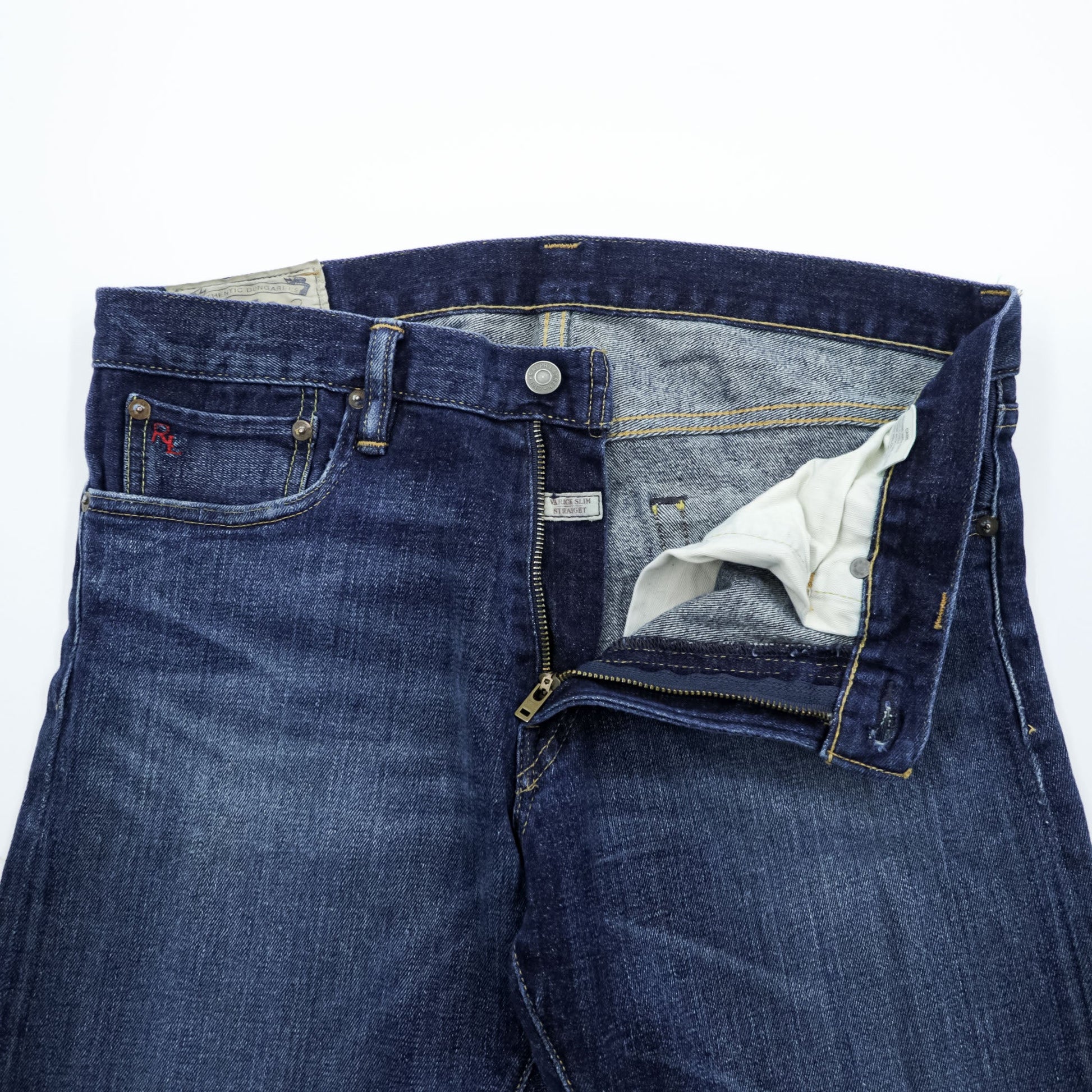 Polo Ralph Lauren ヴィンテージ加工 ストレート デニムパンツ ジーンズ L ストレッチ インディゴブルー レザーパッチ VARICK SLIM STRAIGHT