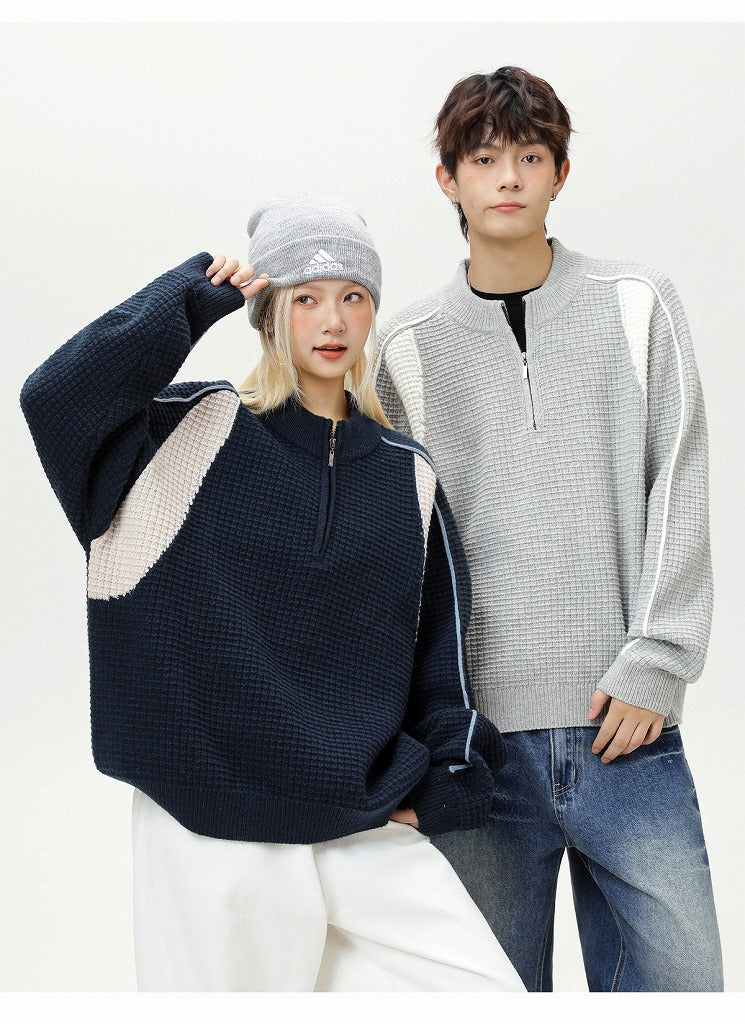 Maglione unisex in maglia a collo alto con mezza zip e texture a rete, nuova collezione autunno/inverno, disponibile in 3 colori