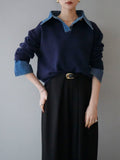 Maglione in maglia largo in denim, due pezzi stratificati, elegante e di carattere, nuova collezione autunno/inverno