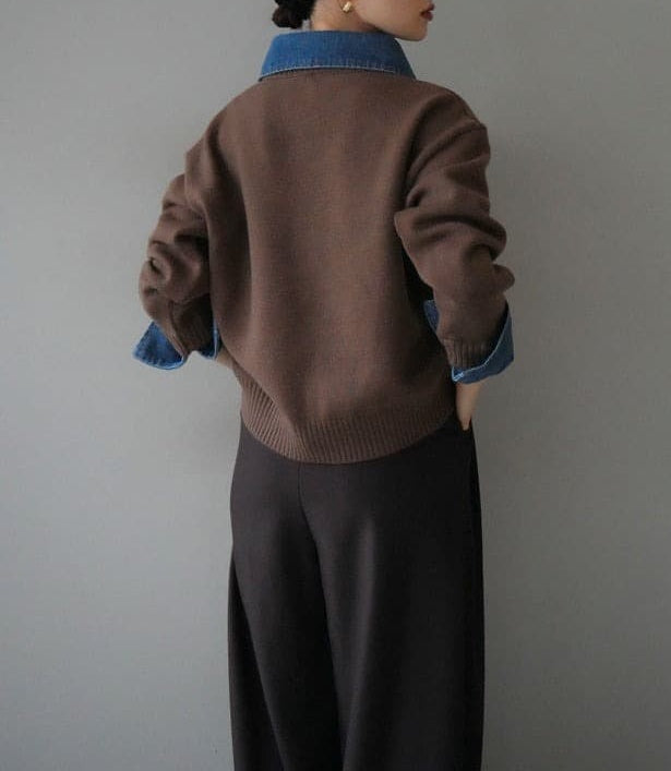 Maglione in maglia largo in denim, due pezzi stratificati, elegante e di carattere, nuova collezione autunno/inverno