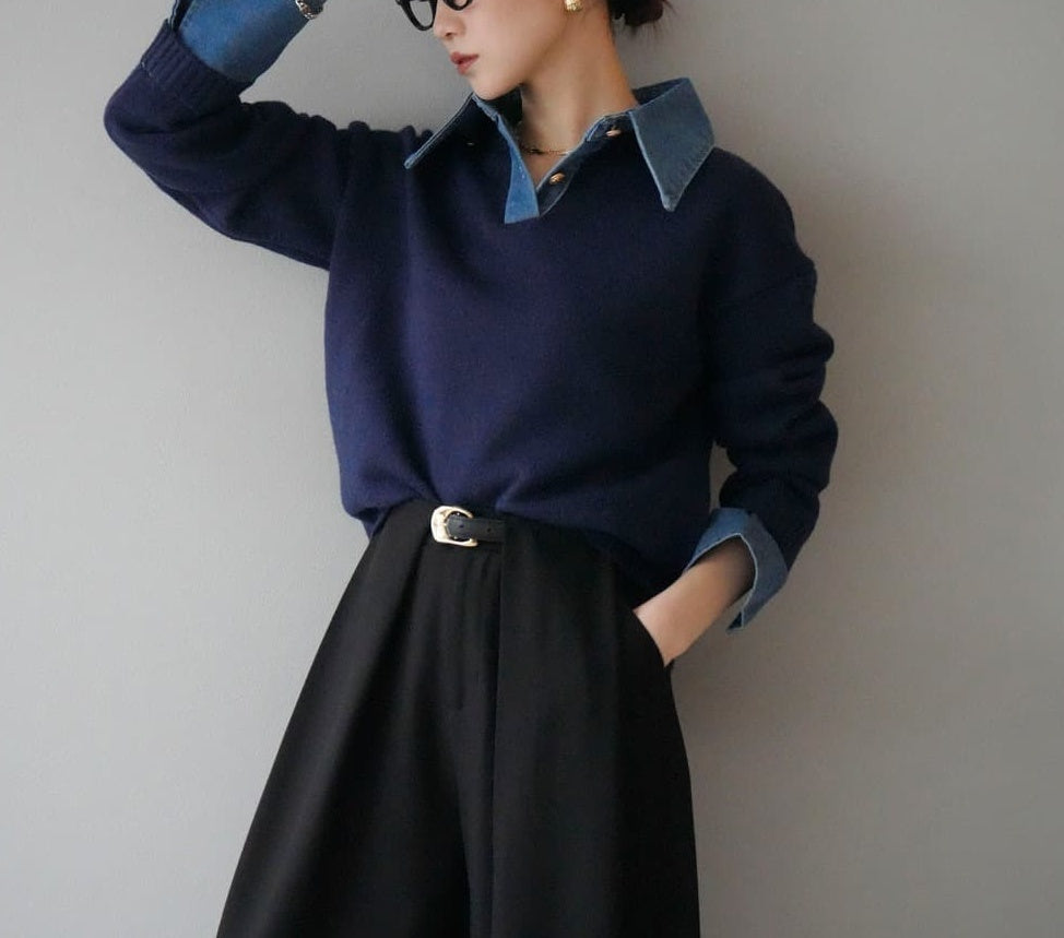 Maglione in maglia largo in denim, due pezzi stratificati, elegante e di carattere, nuova collezione autunno/inverno
