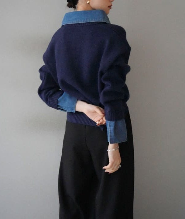 Maglione in maglia largo in denim, due pezzi stratificati, elegante e di carattere, nuova collezione autunno/inverno