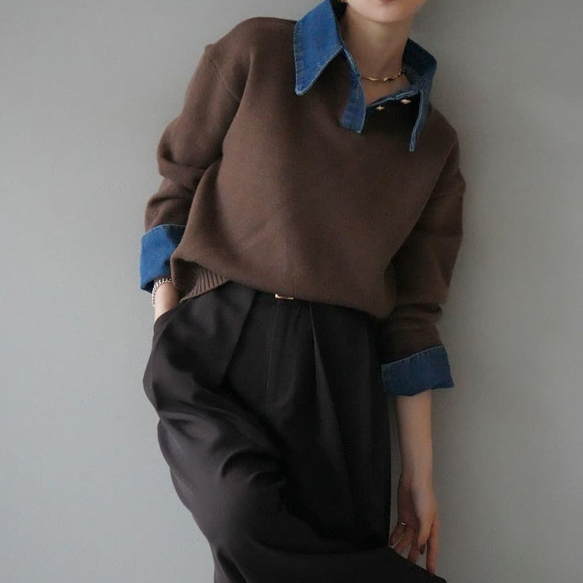 Maglione in maglia largo in denim, due pezzi stratificati, elegante e di carattere, nuova collezione autunno/inverno