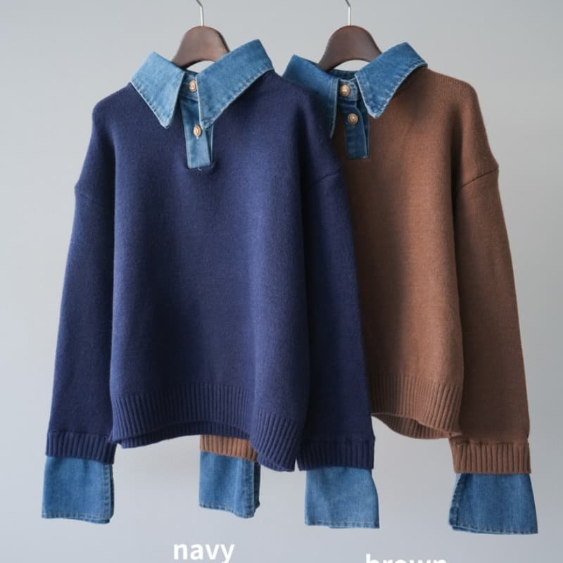 Maglione in maglia largo in denim, due pezzi stratificati, elegante e di carattere, nuova collezione autunno/inverno