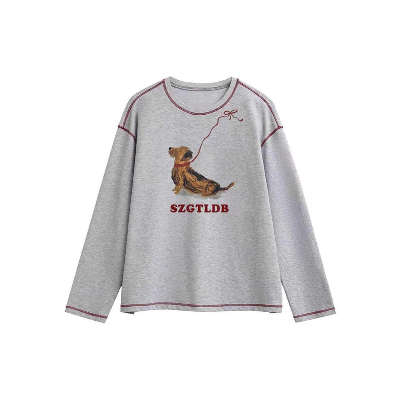 T-shirt a maniche lunghe con stampa cane, ampia, casual, divertente, carina, top autunnale