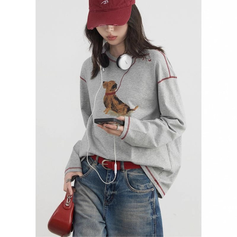 T-shirt a maniche lunghe con stampa cane, ampia, casual, divertente, carina, top autunnale