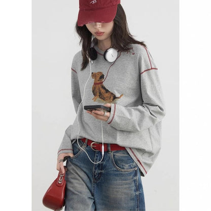 T-shirt a maniche lunghe con stampa cane, ampia, casual, divertente, carina, top autunnale