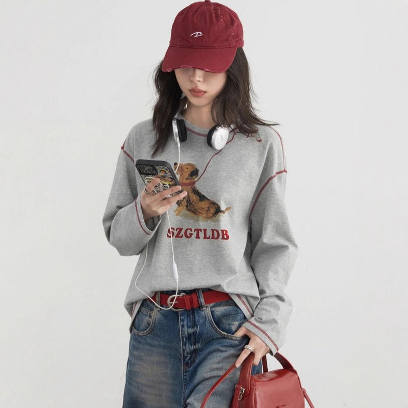 T-shirt a maniche lunghe con stampa cane, ampia, casual, divertente, carina, top autunnale