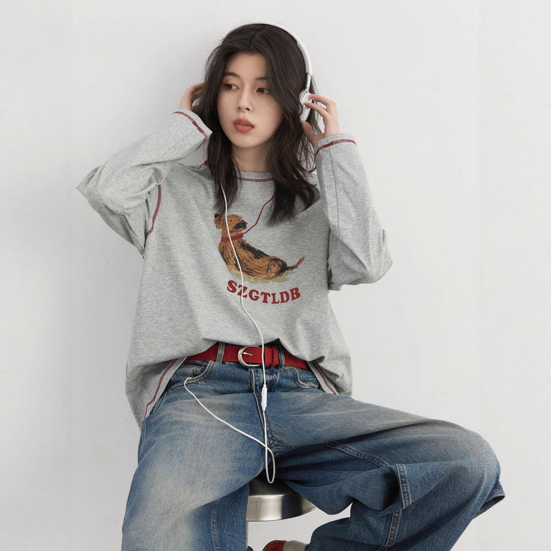 T-shirt a maniche lunghe con stampa cane, ampia, casual, divertente, carina, top autunnale