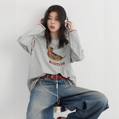 T-shirt a maniche lunghe con stampa cane, ampia, casual, divertente, carina, top autunnale
