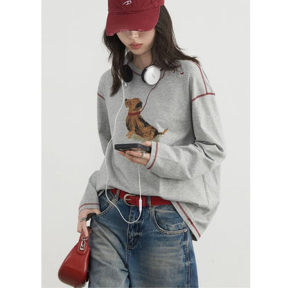 T-shirt a maniche lunghe con stampa cane, ampia, casual, divertente, carina, top autunnale