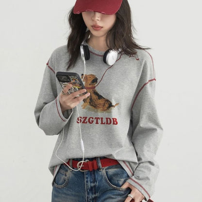 T-shirt a maniche lunghe con stampa cane, ampia, casual, divertente, carina, top autunnale