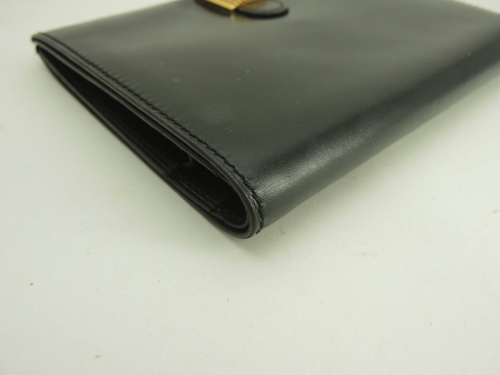 Hermès Portafoglio pieghevole in pelle di vitello Box nera con lucchetto dorato, portafoglio compatto @〇Y