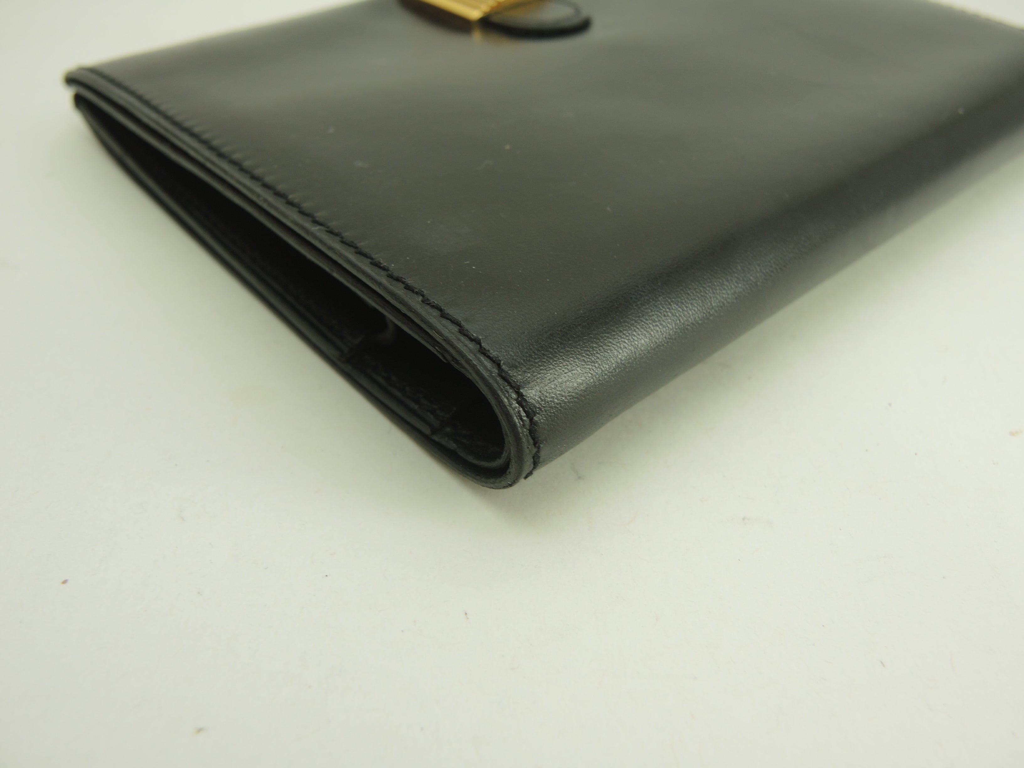 Hermès Portafoglio pieghevole in pelle di vitello Box nera con lucchetto dorato, portafoglio compatto @〇Y