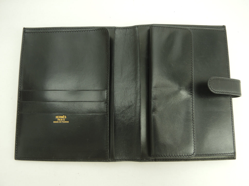 Hermès Portafoglio pieghevole in pelle di vitello Box nera con lucchetto dorato, portafoglio compatto @〇Y