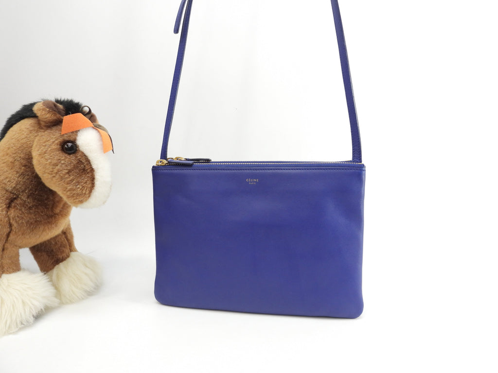 Celine Trio Large in pelle liscia blu con hardware dorato Borsa a tracolla @W-LA-0174
