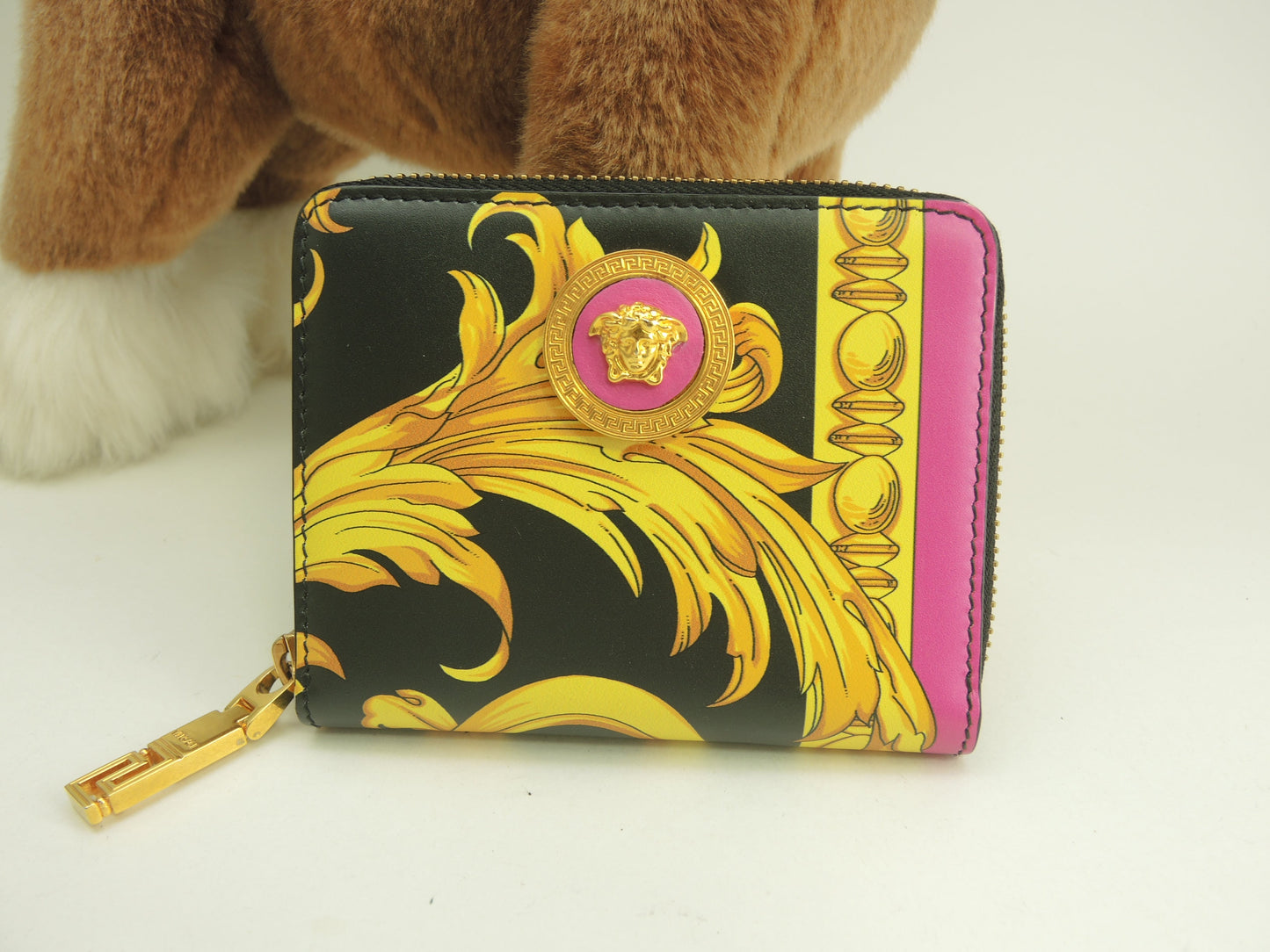 Versace Portafoglio compatto con zip Medusa in pelle nera e gialla, portafoglio a due ante, barocco, ottime condizioni @ 5