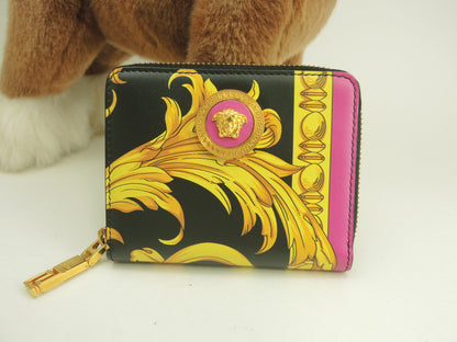 Versace Portafoglio compatto con zip Medusa in pelle nera e gialla, portafoglio a due ante, barocco, ottime condizioni @ 5