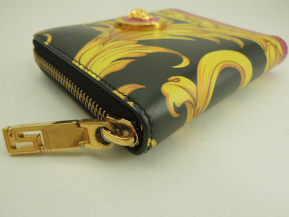 Versace Portafoglio compatto con zip Medusa in pelle nera e gialla, portafoglio a due ante, barocco, ottime condizioni @ 5