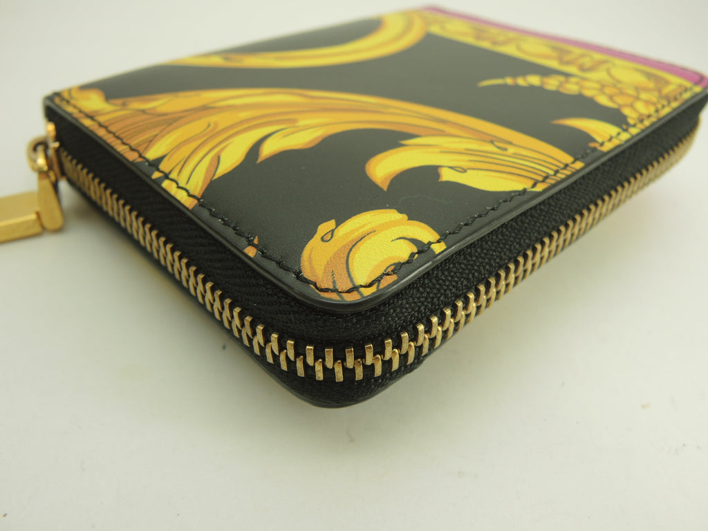Versace Portafoglio compatto con zip Medusa in pelle nera e gialla, portafoglio a due ante, barocco, ottime condizioni @ 5