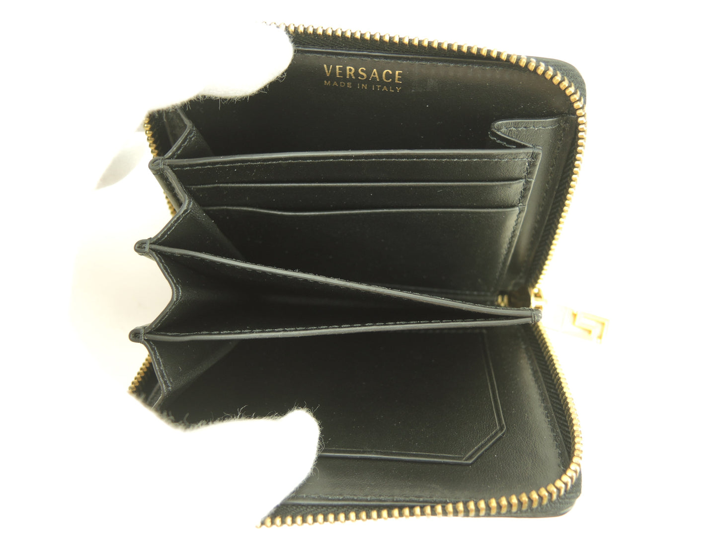 Versace Portafoglio compatto con zip Medusa in pelle nera e gialla, portafoglio a due ante, barocco, ottime condizioni @ 5