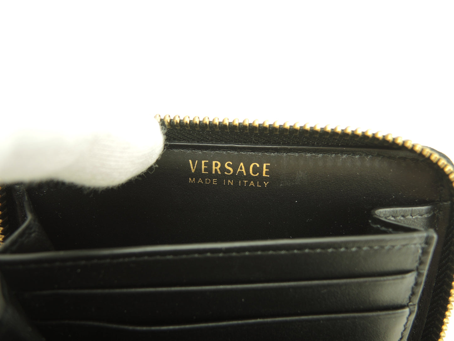 Versace Portafoglio compatto con zip Medusa in pelle nera e gialla, portafoglio a due ante, barocco, ottime condizioni @ 5