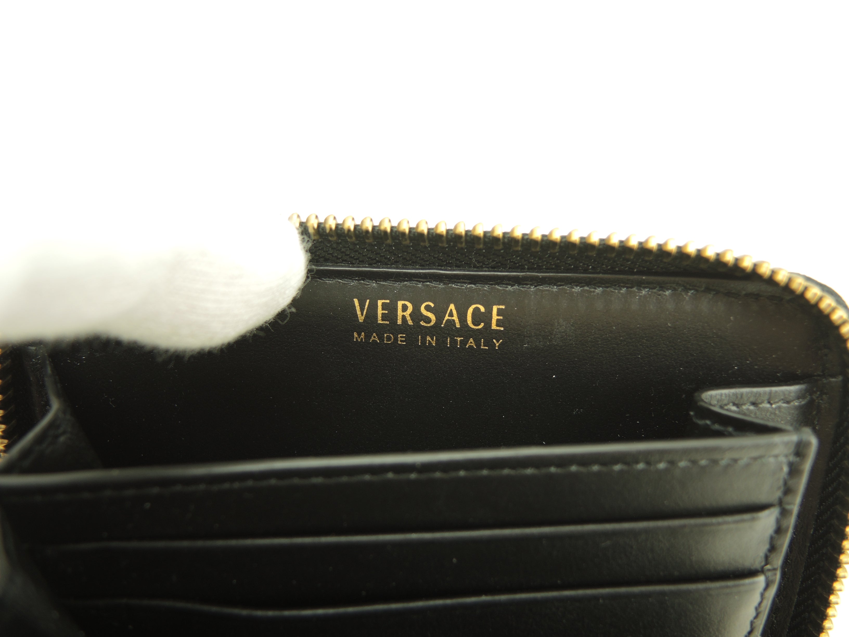 Versace Portafoglio compatto con zip Medusa in pelle nera e gialla, portafoglio a due ante, barocco, ottime condizioni @ 5