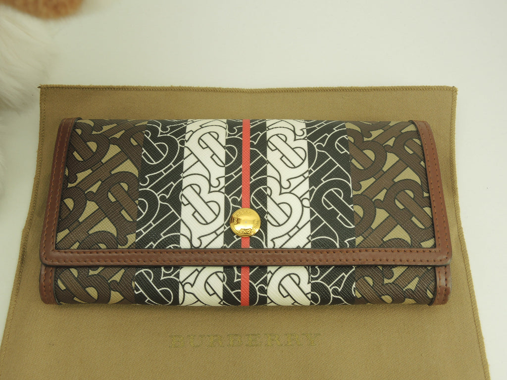 BURBERRY Portafoglio lungo a 2 ante Halton Flap TB in PVC pelle marrone e bianco Long Wallet Ottime condizioni@ROPELFIO71SEB