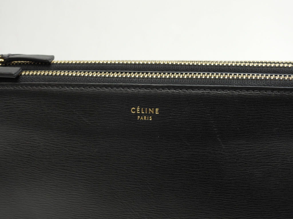 Celine Trio Large in pelle martellata nera con hardware dorato, borsa a tracolla, pochette, condizioni eccellenti@W-GA-3117