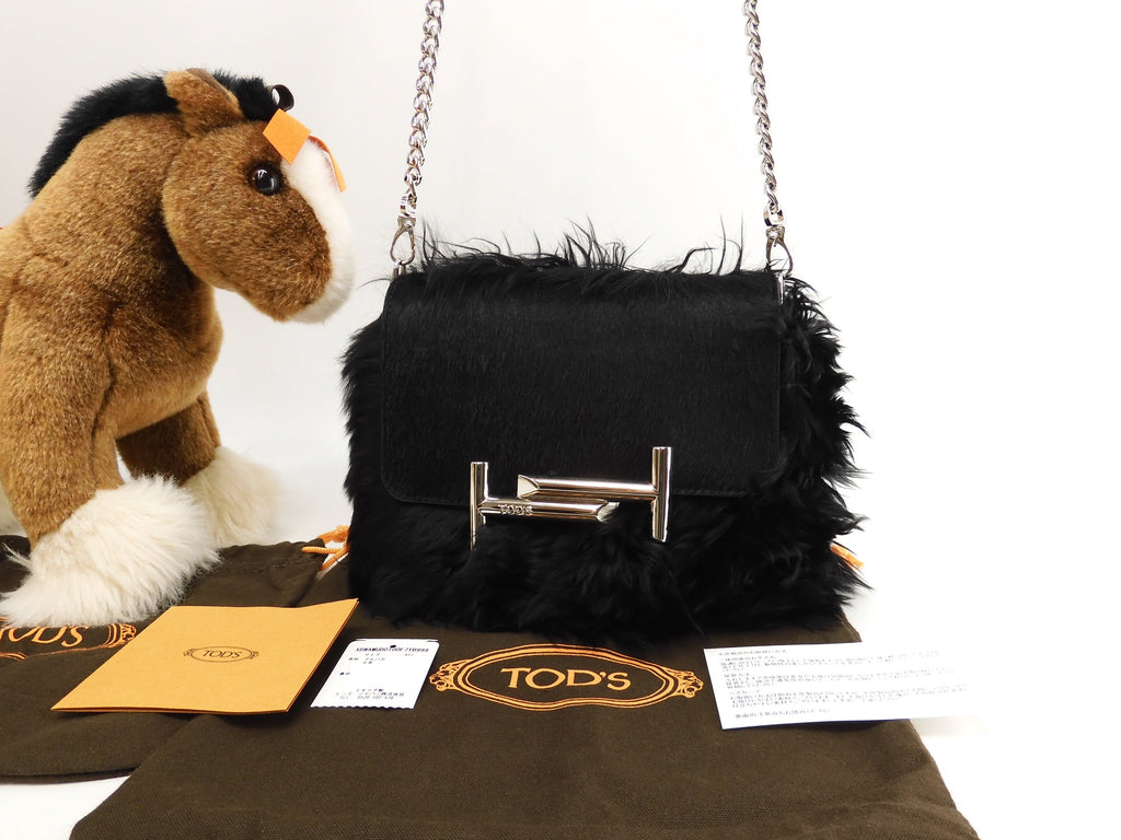 Tod's pochette Double T in pelle di alpaca nera, borsa a tracolla, mai usata @TP35