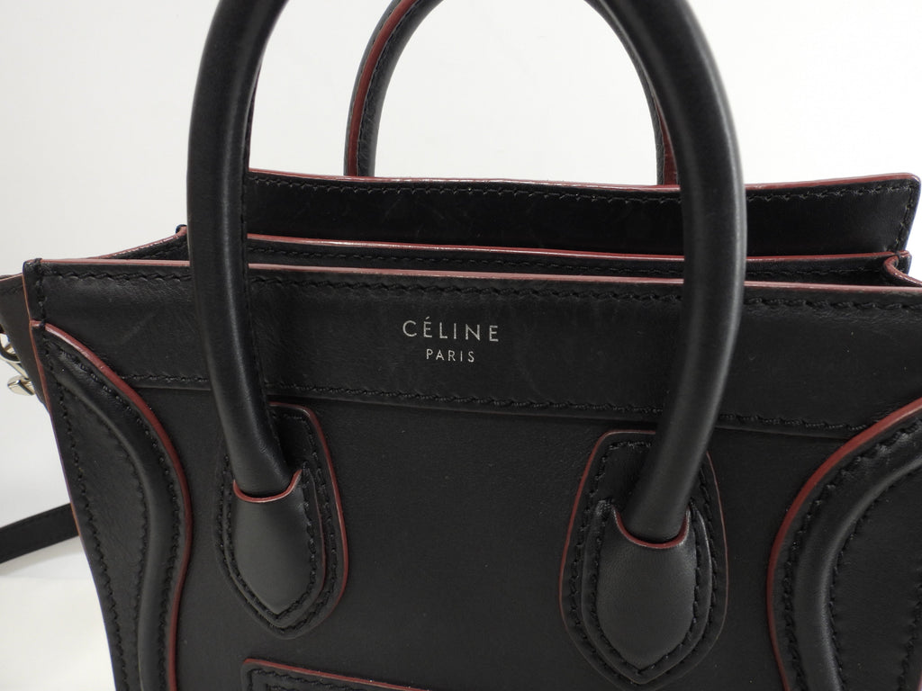 Celine Luggage Nano in pelle liscia, nero bordeaux, pochette, mini borsa a mano, ottime condizioni @W-ZP-0172