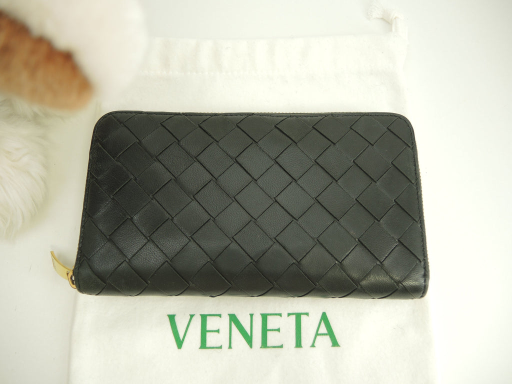 Bottega Veneta Portafoglio Lungo Interno Intrecciato Pelle Nera Metallo Dorato Cerniera Ottime Condizioni @P01382803B