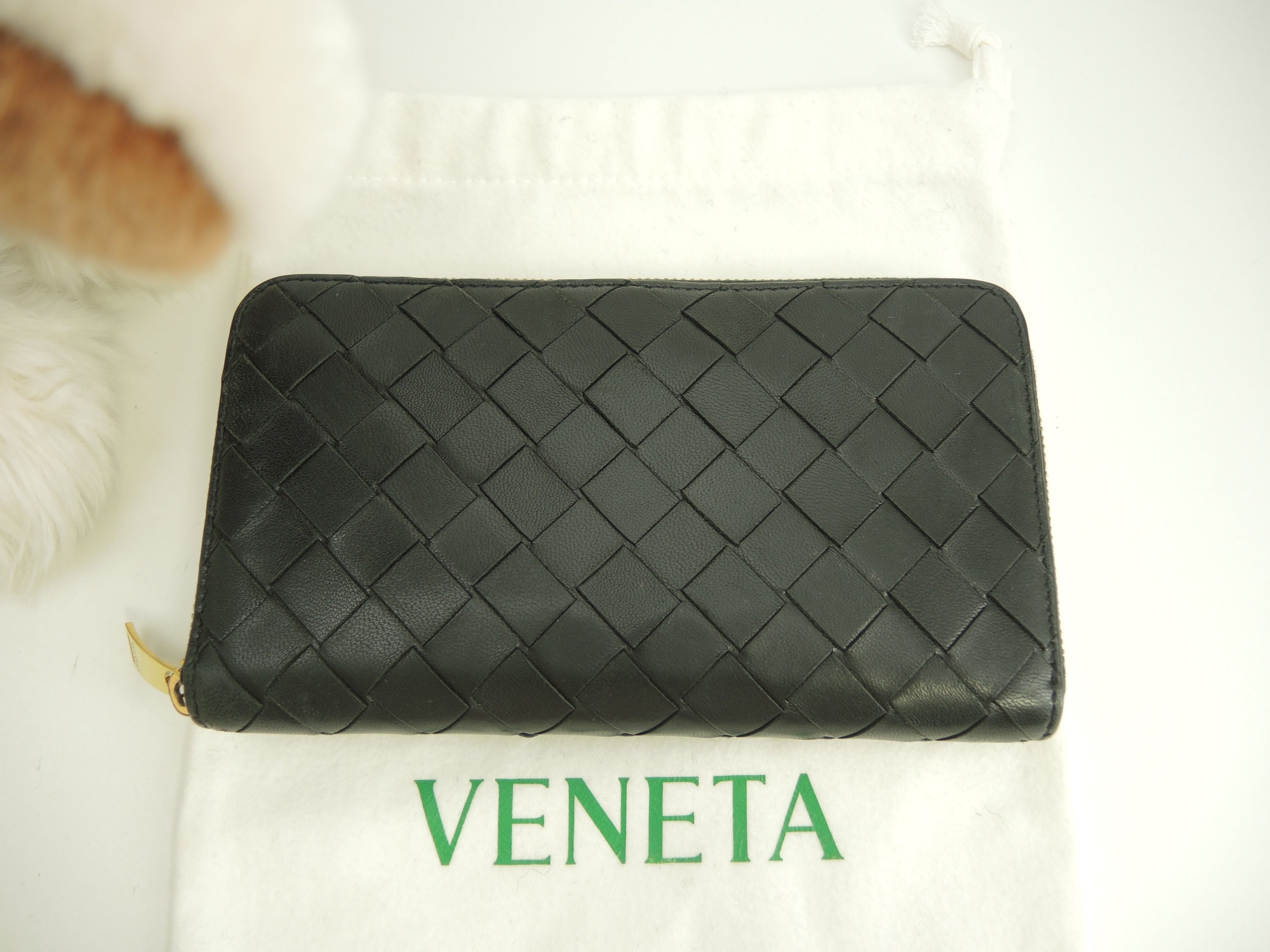 Bottega Veneta Portafoglio Lungo Interno Intrecciato Pelle Nera Metallo Dorato Cerniera Ottime Condizioni @P01382803B