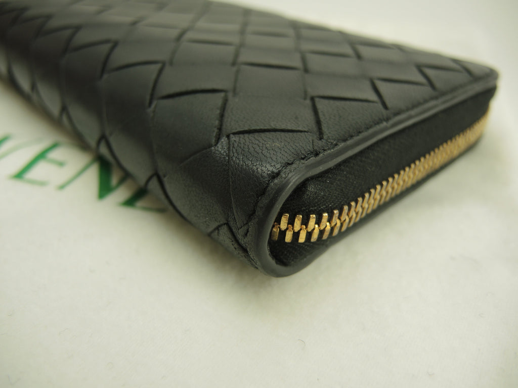 Bottega Veneta Portafoglio Lungo Interno Intrecciato Pelle Nera Metallo Dorato Cerniera Ottime Condizioni @P01382803B