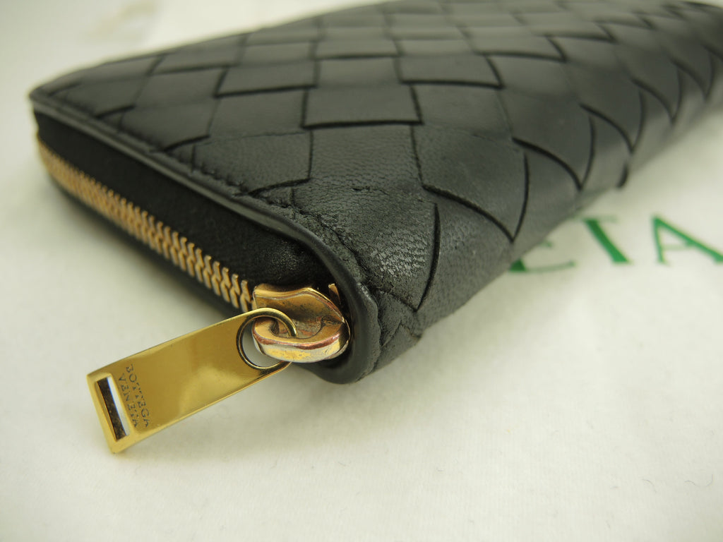 Bottega Veneta Portafoglio Lungo Interno Intrecciato Pelle Nera Metallo Dorato Cerniera Ottime Condizioni @P01382803B