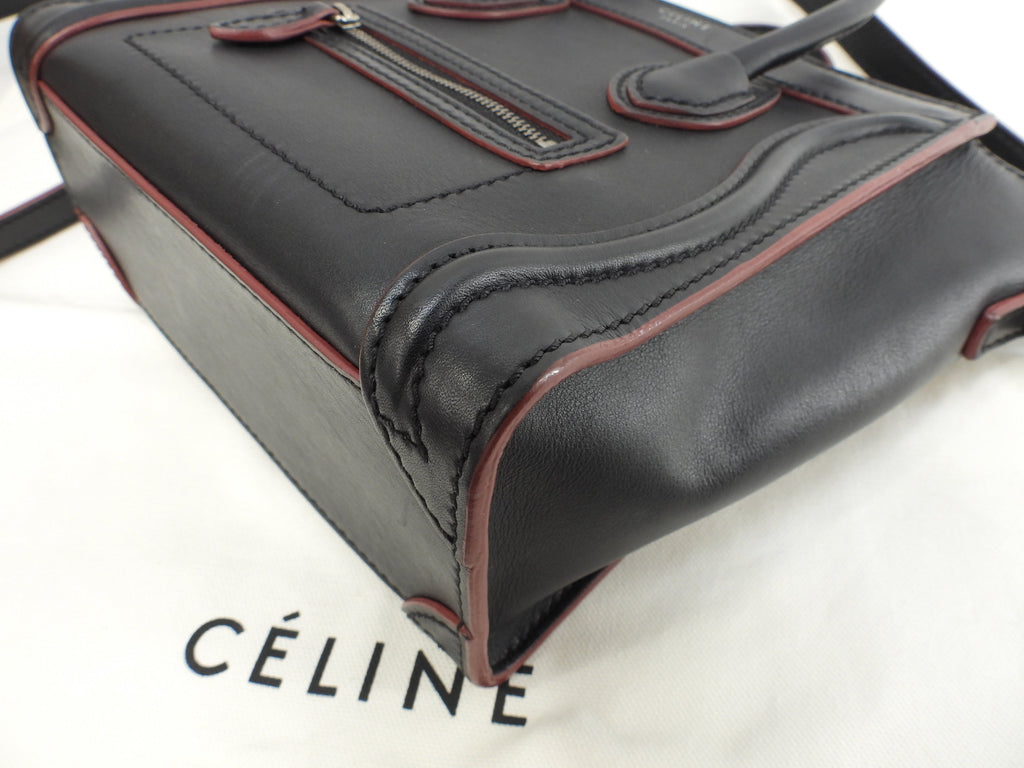 Celine Luggage Nano in pelle liscia, nero bordeaux, pochette, mini borsa a mano, ottime condizioni @W-ZP-0172