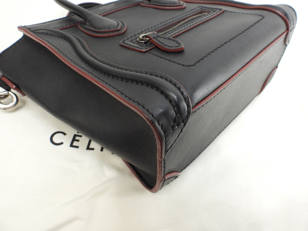 Celine Luggage Nano in pelle liscia, nero bordeaux, pochette, mini borsa a mano, ottime condizioni @W-ZP-0172