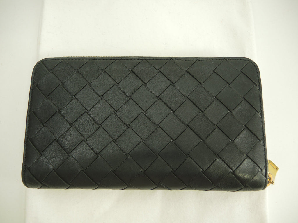 Bottega Veneta Portafoglio Lungo Interno Intrecciato Pelle Nera Metallo Dorato Cerniera Ottime Condizioni @P01382803B