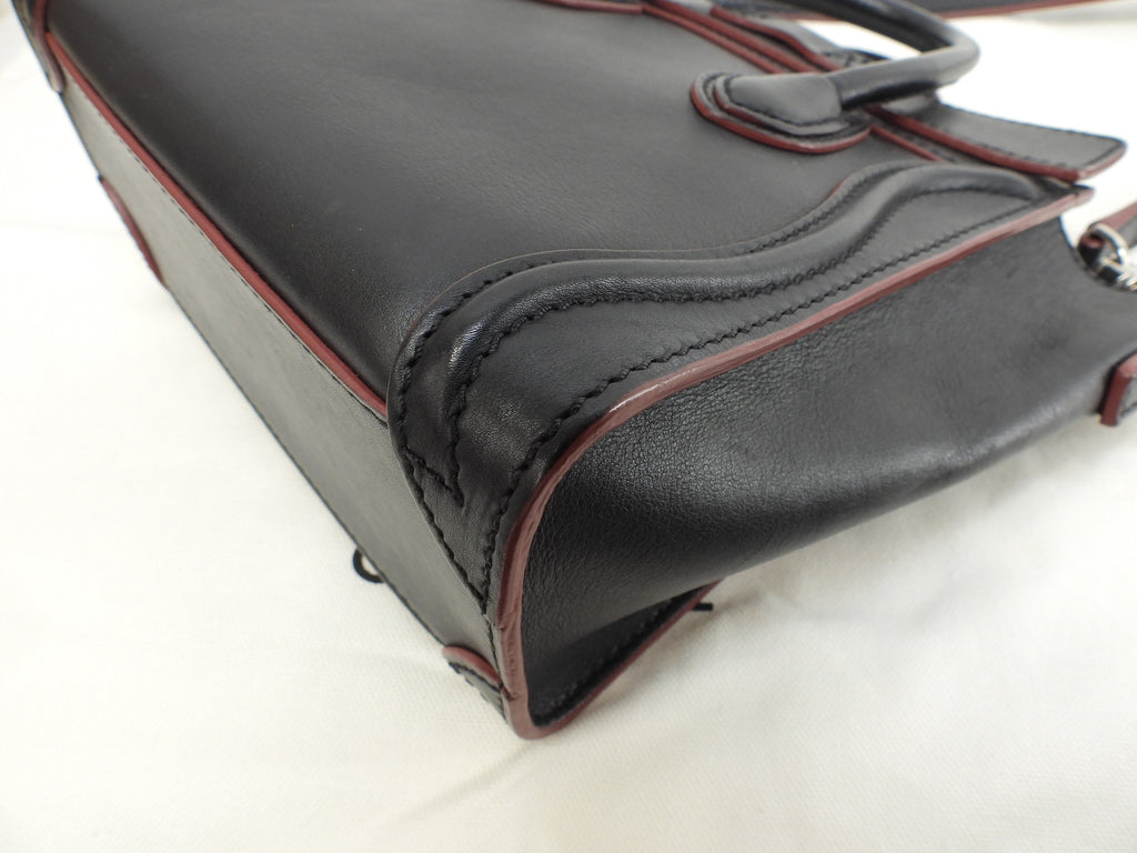 Celine Luggage Nano in pelle liscia, nero bordeaux, pochette, mini borsa a mano, ottime condizioni @W-ZP-0172