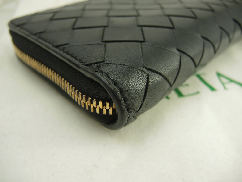 Bottega Veneta Portafoglio Lungo Interno Intrecciato Pelle Nera Metallo Dorato Cerniera Ottime Condizioni @P01382803B